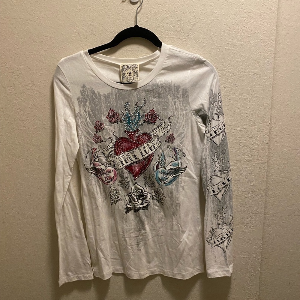 Vocal Embellished True Love Tattoo Print Long Sleeve T-Shirt New Without Tag